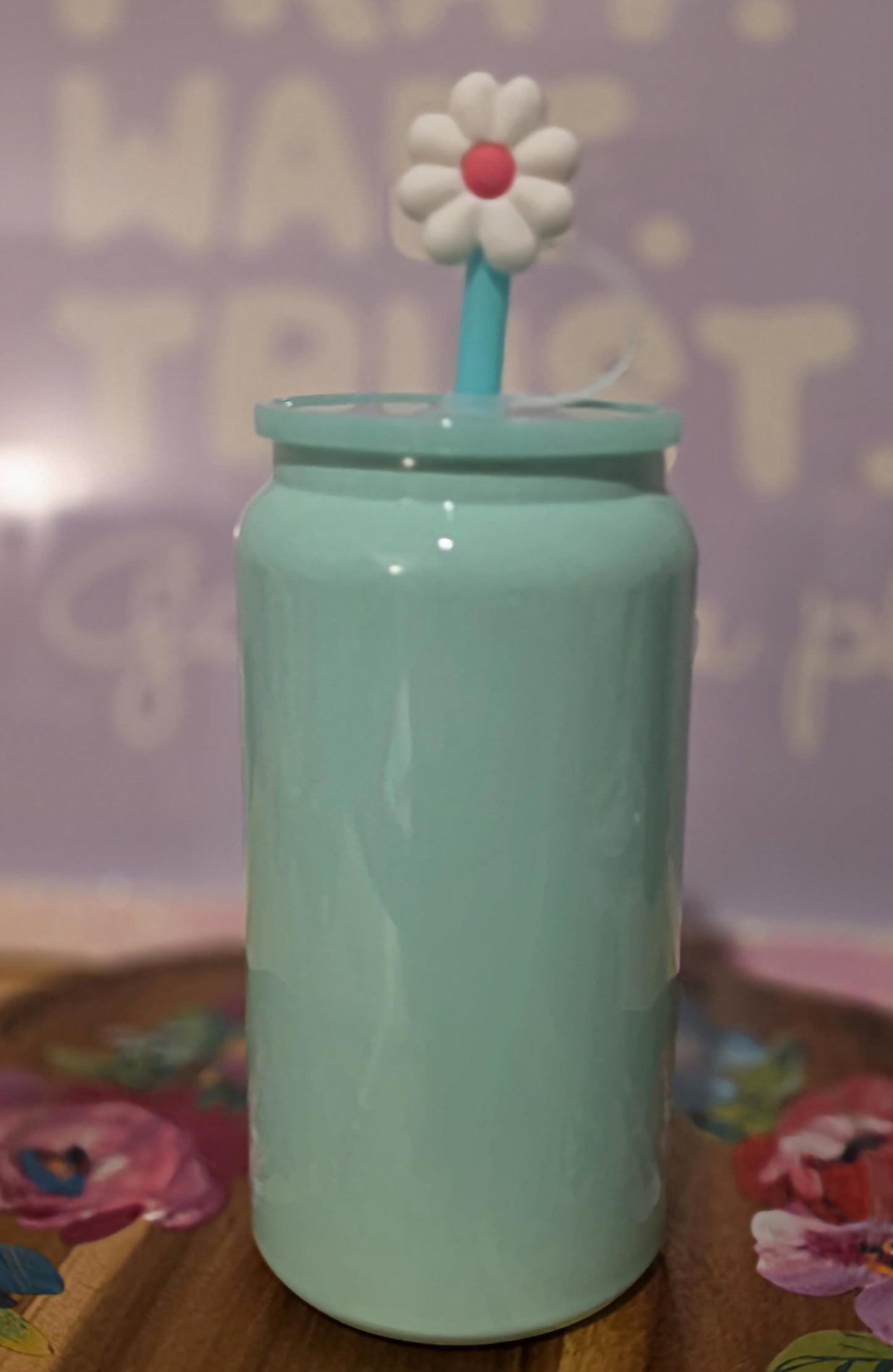 16 oz Stainless Steel Can Tumbler with Straw & Flower Topper