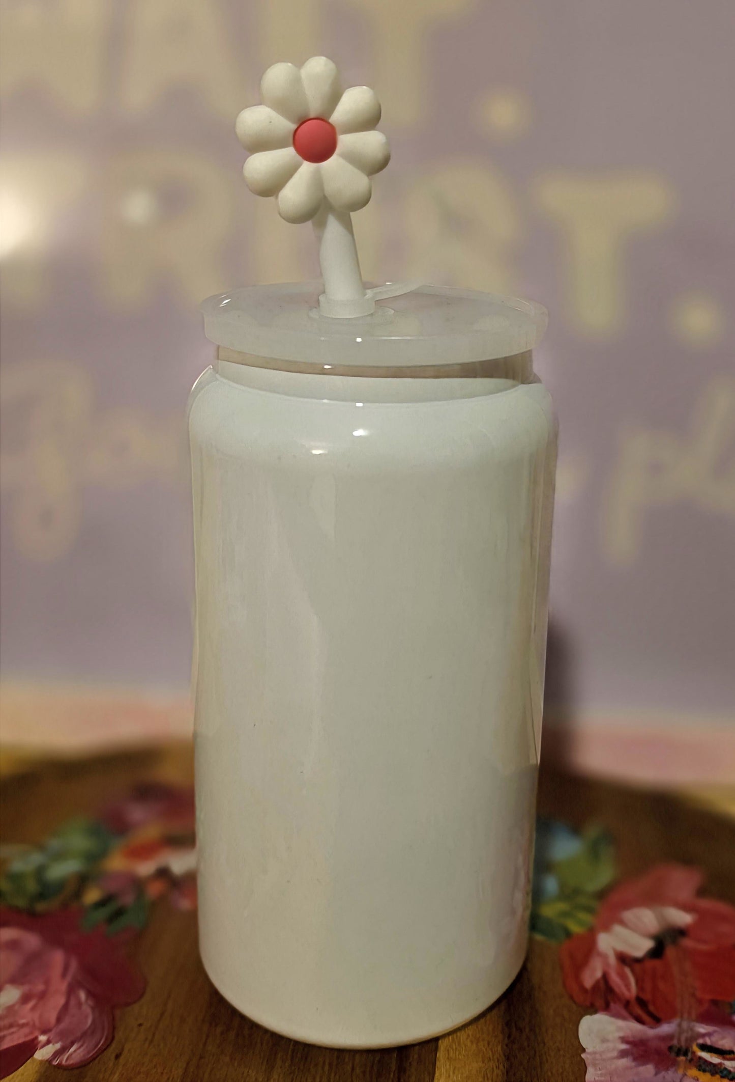16 oz Stainless Steel Can Tumbler with Straw & Flower Topper